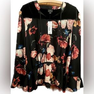 Worthington Boho Peasant
Blouse Black Floral Velvet 
XL Cinch Waist Tie Neck
